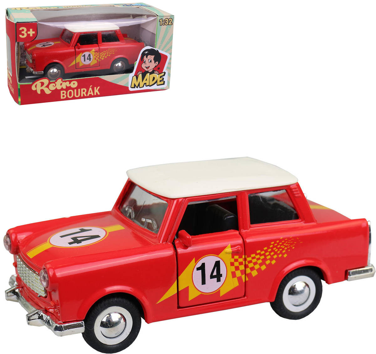 Auto Trabant kovový 12cm červený retro bourák 1:32 v krabici