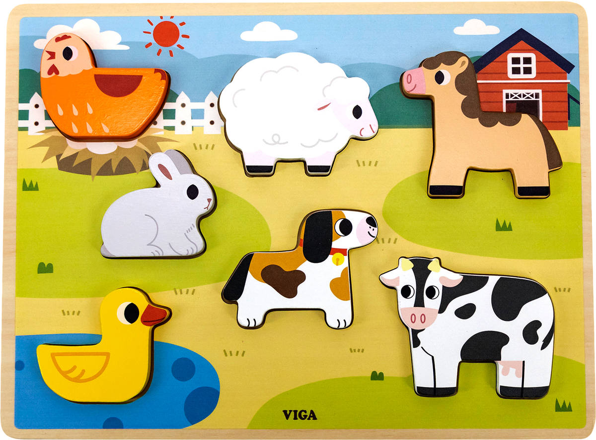 VIGA DŘEVO Vkládačka baby puzzle vkládací na desce zvířátka farma 7 dílků