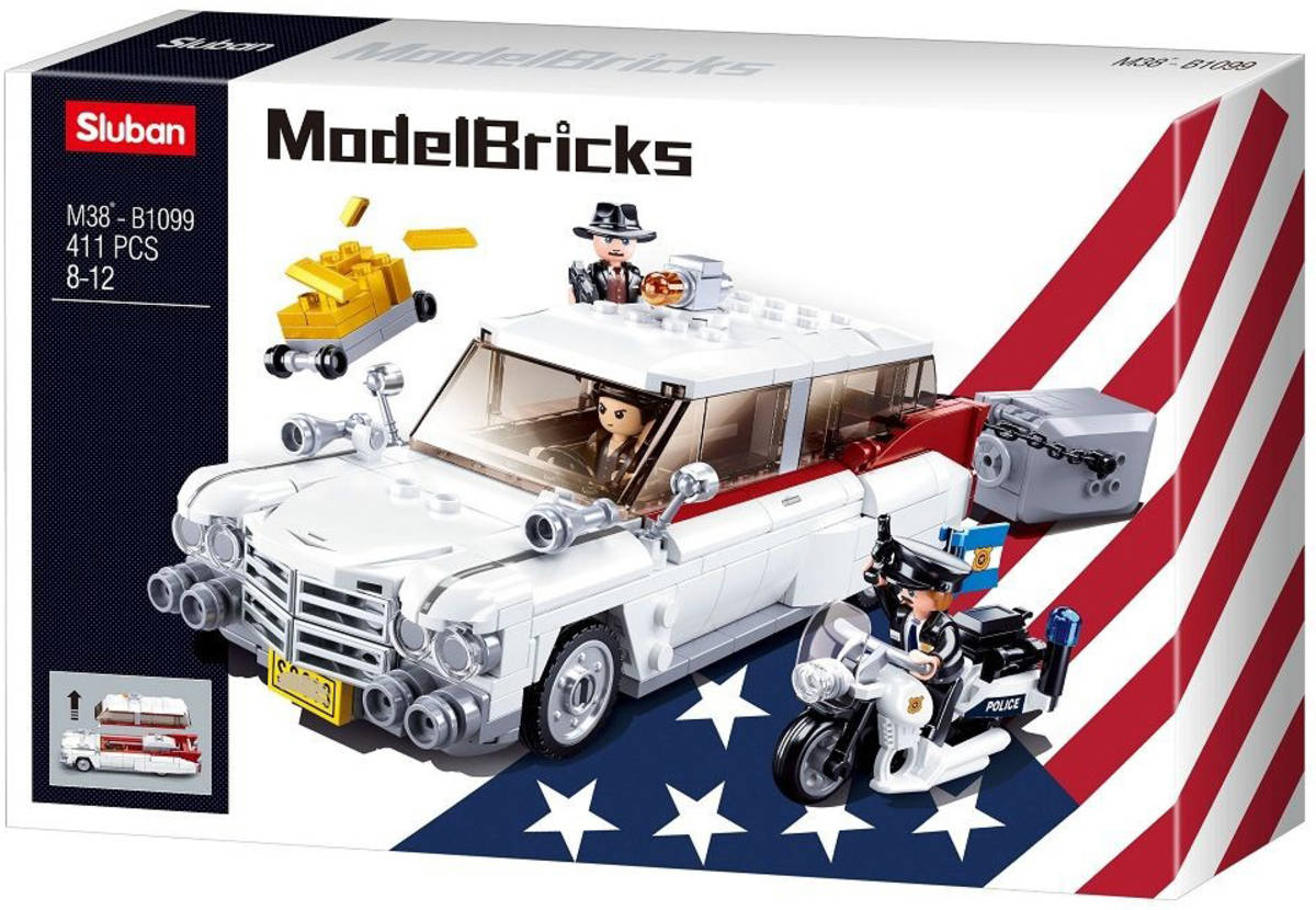 Fotografie SLUBAN Model Bricks Auto americký vůz pro lupiče 411 dílků + 3 figurky STAVEBNICE