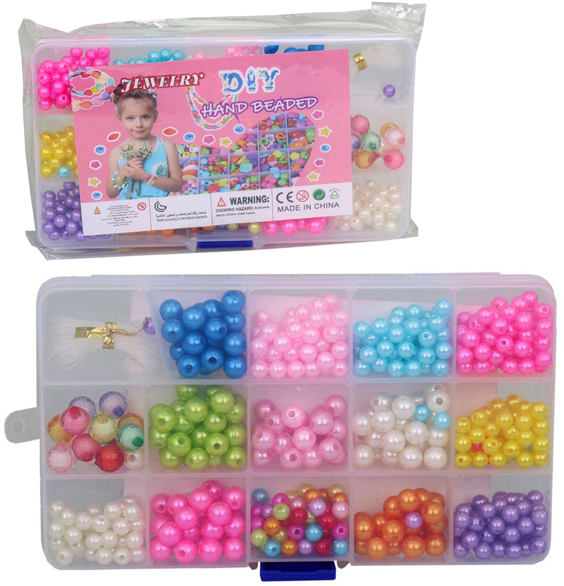 Navlékací korálky perleťové barevné výroba dětské bižuterie v boxu