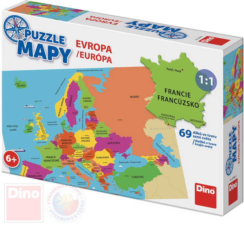 Fotografie DINO Puzzle Mapa Evropy 69 dílků státy a hlavní města 66x47cm skládačka