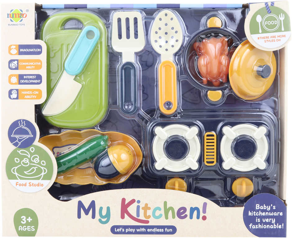 Fotografie Sada dětské plastové nádobí s vařičem a maketami potravin v krabici